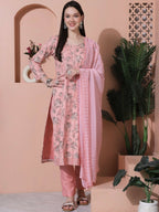 Jyoti Fashion Women's Pink Cotton Floral Digital Printed Kurta with Trouser & Dupatta