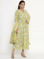 Miravan Women's Cotton Floral Print Anarkali Kurta With Dupatta