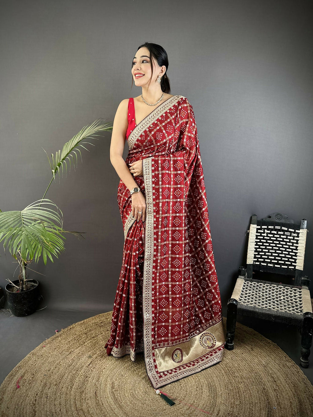 Joban Fashion Maroon Bandhej Bandhani Vichitra Silk Bandhani Prints Saree - Distacart