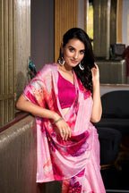 Vastranavya Baby Pink Satin Silk Printed Saree with Hotfix Work Unstitched Blouse