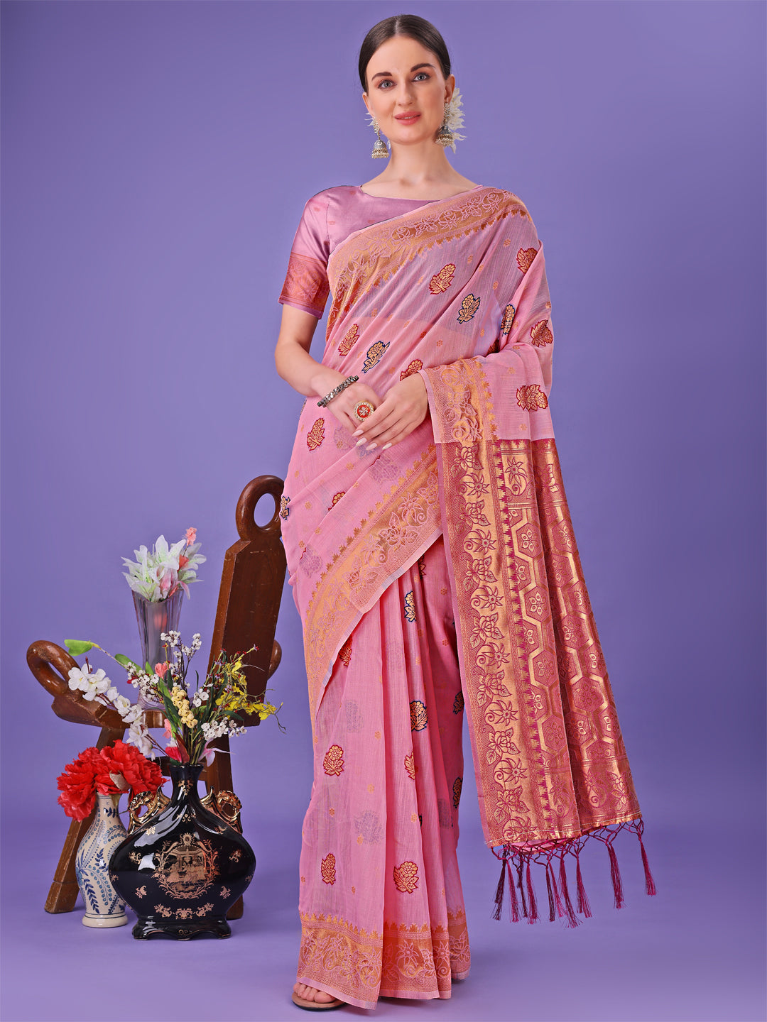 Shree Shyam Fashion Light Pink Woven Zari Traditional Linen Cotton Saree with Rich Pallu & Unstitched Blouse - Festive & Wedding Wear Saree