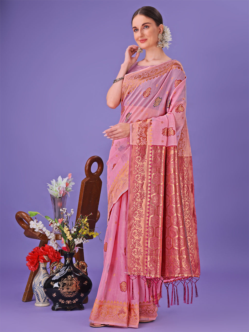 Shree Shyam Fashion Light Pink Woven Zari Traditional Linen Cotton Saree with Rich Pallu & Unstitched Blouse - Festive & Wedding Wear Saree