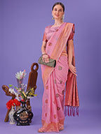 Shree Shyam Fashion Light Pink Woven Zari Traditional Linen Cotton Saree with Rich Pallu & Unstitched Blouse - Festive & Wedding Wear Saree