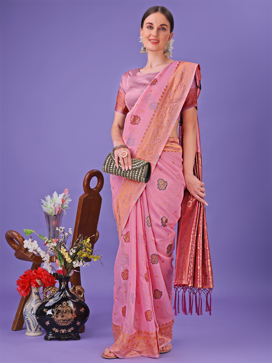 Shree Shyam Fashion Light Pink Woven Zari Traditional Linen Cotton Saree with Rich Pallu & Unstitched Blouse - Festive & Wedding Wear Saree