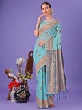 Shree Shyam Fashion Sea Green Woven Zari Traditional Linen Cotton Saree with Rich Pallu & Unstitched Blouse - Festive & Wedding Wear Saree