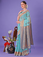 Shree Shyam Fashion Sea Green Woven Zari Traditional Linen Cotton Saree with Rich Pallu & Unstitched Blouse - Festive & Wedding Wear Saree