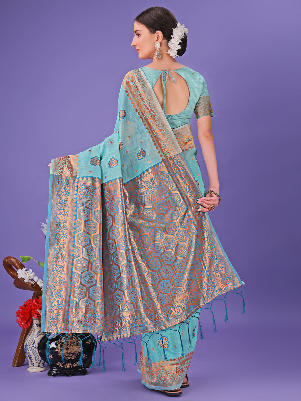 Shree Shyam Fashion Sea Green Woven Zari Traditional Linen Cotton Saree with Rich Pallu & Unstitched Blouse - Festive & Wedding Wear Saree