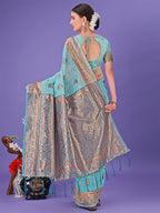 Shree Shyam Fashion Sea Green Woven Zari Traditional Linen Cotton Saree with Rich Pallu & Unstitched Blouse - Festive & Wedding Wear Saree