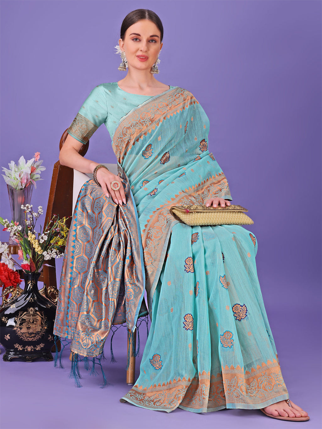 Shree Shyam Fashion Sea Green Woven Zari Traditional Linen Cotton Saree with Rich Pallu & Unstitched Blouse - Festive & Wedding Wear Saree