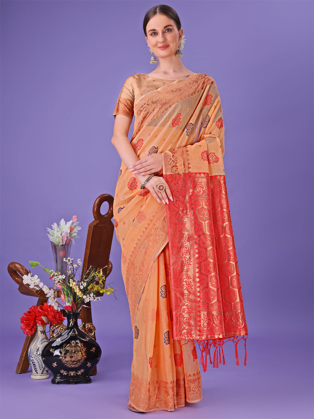 Shree Shyam Fashion Orange Woven Zari Traditional Linen Cotton Saree with Rich Pallu & Unstitched Blouse - Festive & Wedding Wear Saree