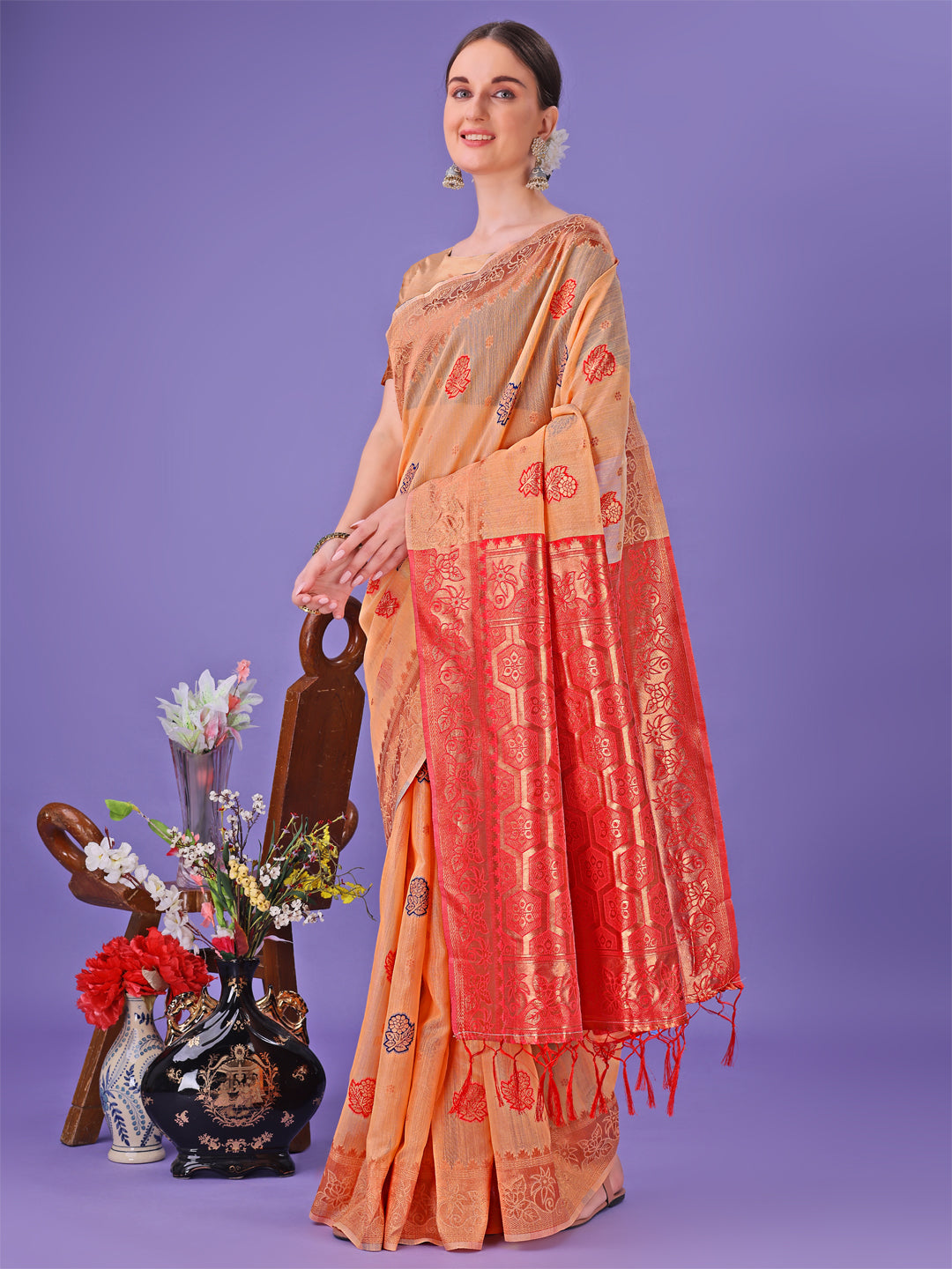 Shree Shyam Fashion Orange Woven Zari Traditional Linen Cotton Saree with Rich Pallu & Unstitched Blouse - Festive & Wedding Wear Saree