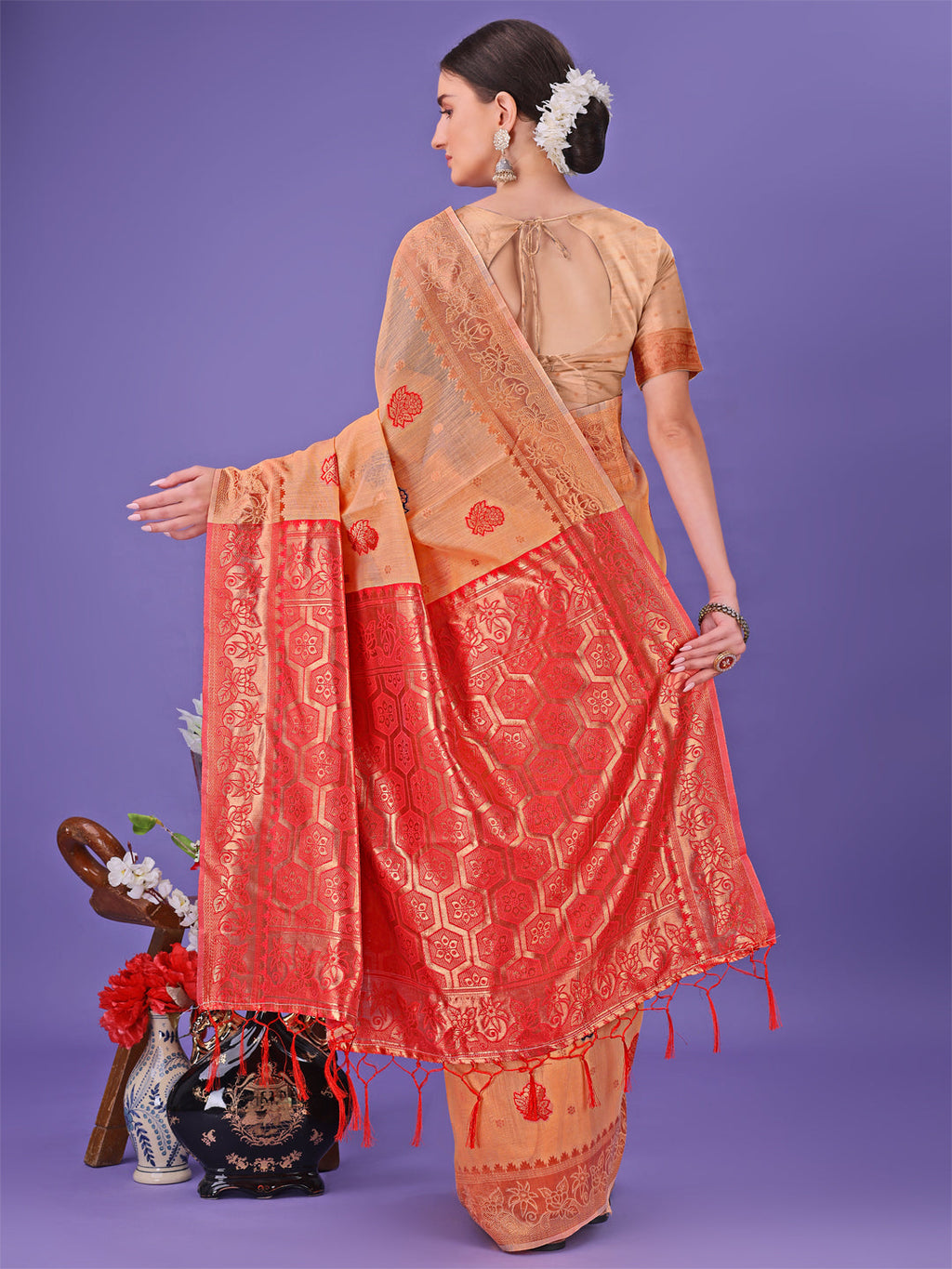 Shree Shyam Fashion Orange Woven Zari Traditional Linen Cotton Saree with Rich Pallu & Unstitched Blouse - Festive & Wedding Wear Saree