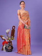 Shree Shyam Fashion Orange Woven Zari Traditional Linen Cotton Saree with Rich Pallu & Unstitched Blouse - Festive & Wedding Wear Saree