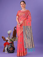 Shree Shyam Fashion Pink Woven Zari Traditional Linen Cotton Saree with Rich Pallu & Unstitched Blouse - Festive & Wedding Wear Saree