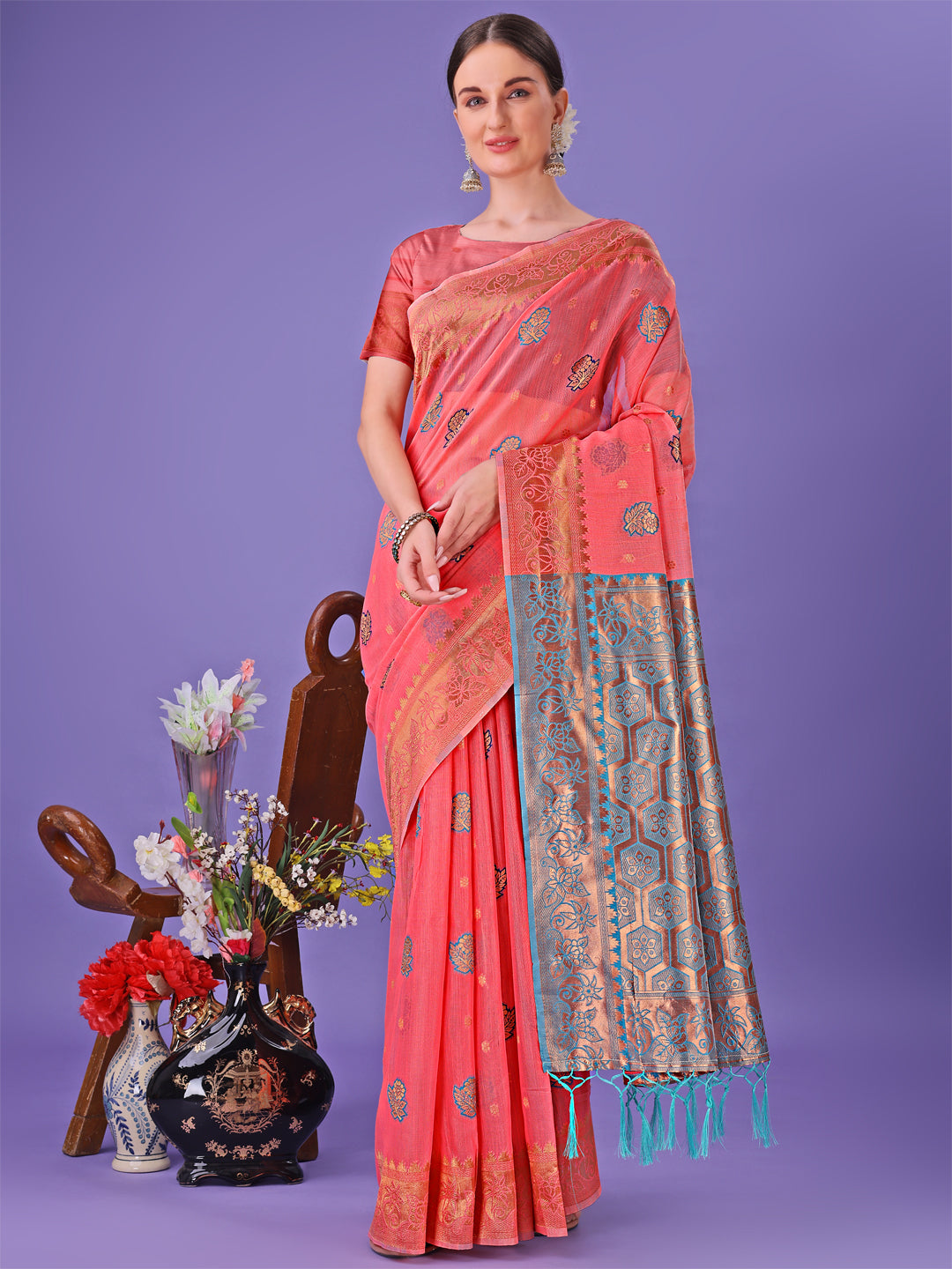 Shree Shyam Fashion Pink Woven Zari Traditional Linen Cotton Saree with Rich Pallu & Unstitched Blouse - Festive & Wedding Wear Saree
