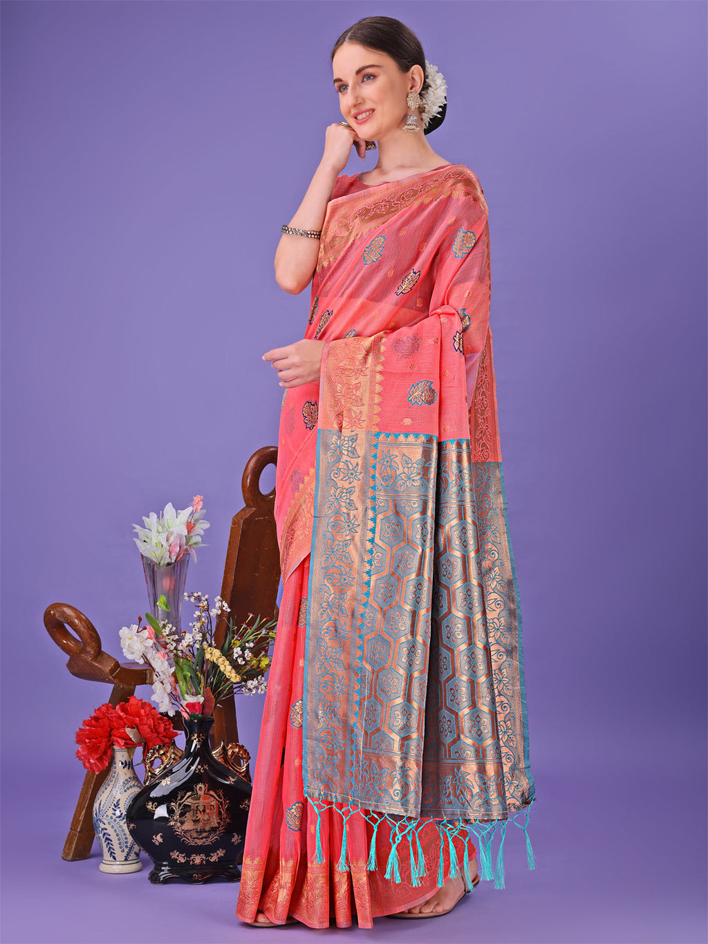 Shree Shyam Fashion Pink Woven Zari Traditional Linen Cotton Saree with Rich Pallu & Unstitched Blouse - Festive & Wedding Wear Saree