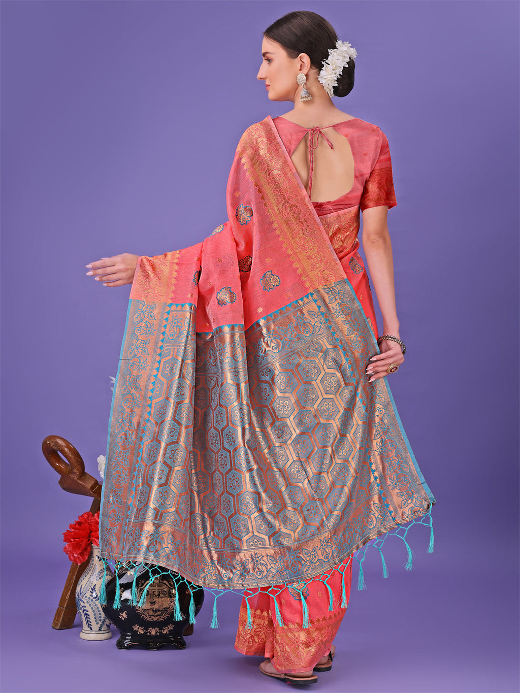 Shree Shyam Fashion Pink Woven Zari Traditional Linen Cotton Saree with Rich Pallu & Unstitched Blouse - Festive & Wedding Wear Saree