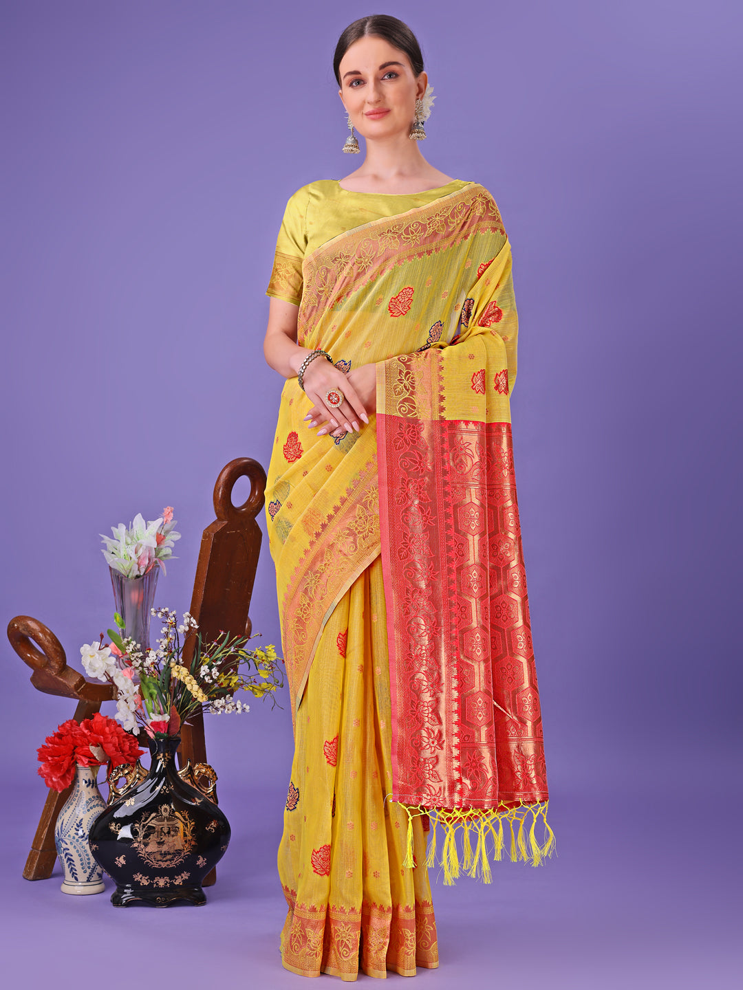 Shree Shyam Fashion Yellow Woven Zari Traditional Linen Cotton Saree with Rich Pallu & Unstitched Blouse - Festive & Wedding Wear Saree