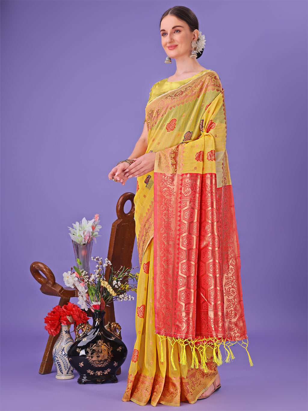 Shree Shyam Fashion Yellow Woven Zari Traditional Linen Cotton Saree with Rich Pallu & Unstitched Blouse - Festive & Wedding Wear Saree