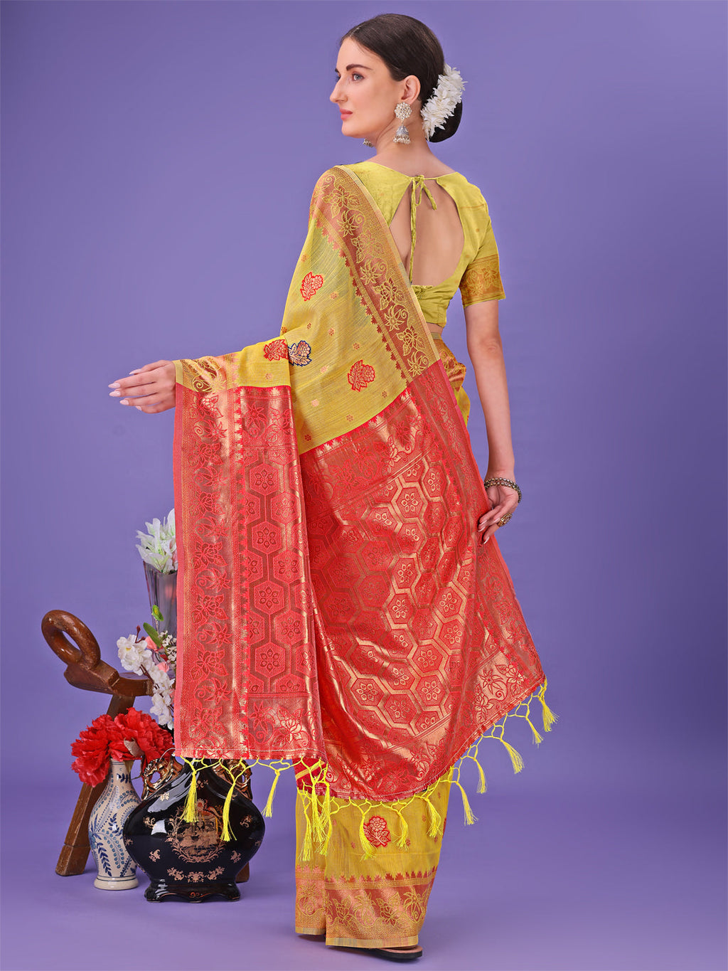 Shree Shyam Fashion Yellow Woven Zari Traditional Linen Cotton Saree with Rich Pallu & Unstitched Blouse - Festive & Wedding Wear Saree