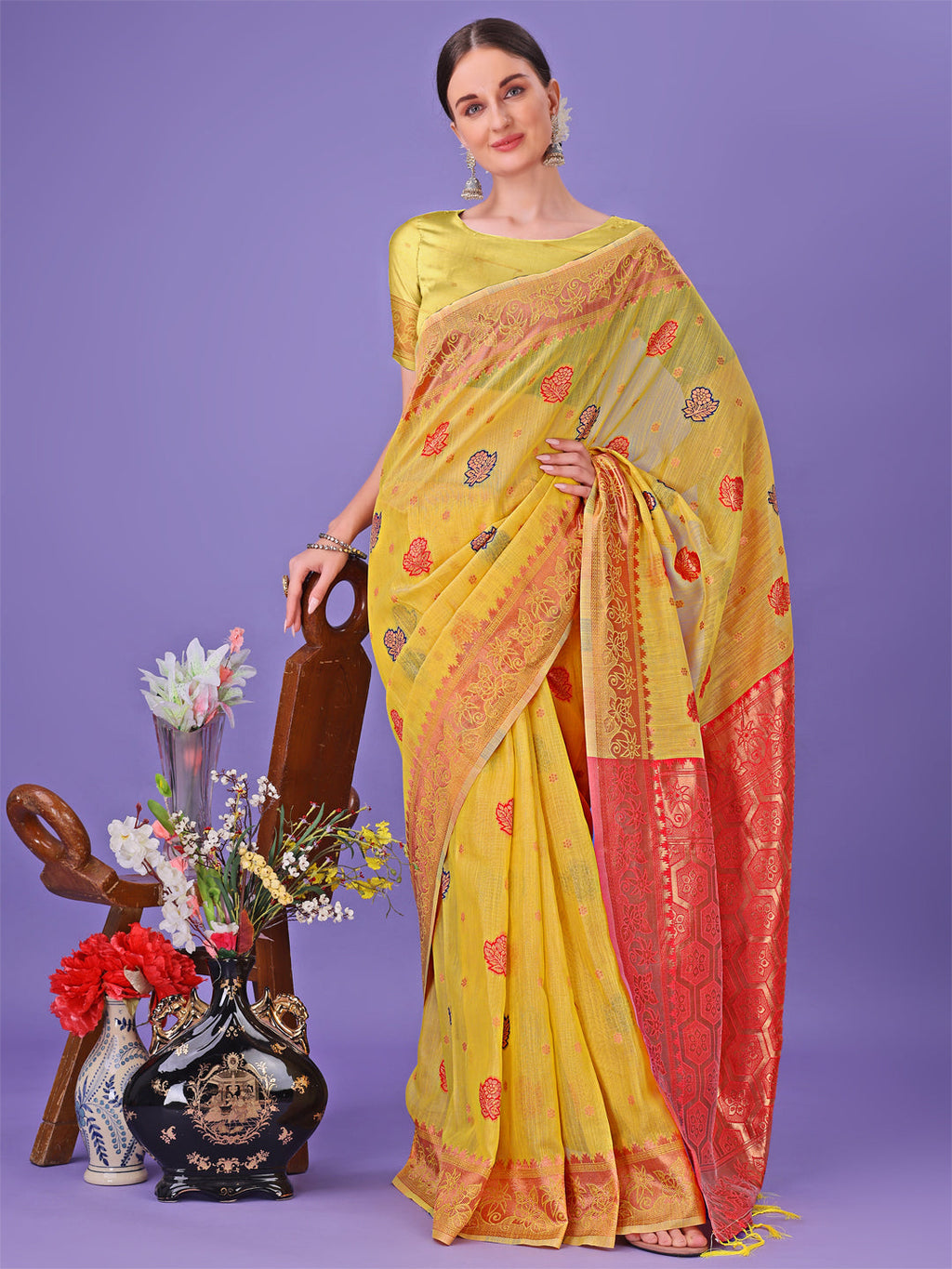 Shree Shyam Fashion Yellow Woven Zari Traditional Linen Cotton Saree with Rich Pallu & Unstitched Blouse - Festive & Wedding Wear Saree