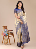 Shree Shyam Fashion Cream & Navy Blue Banarasi silk Woven Zari Work Traditional Tassel Saree