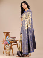 Shree Shyam Fashion Cream & Navy Blue Banarasi silk Woven Zari Work Traditional Tassel Saree