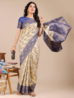 Shree Shyam Fashion Cream & Navy Blue Banarasi silk Woven Zari Work Traditional Tassel Saree