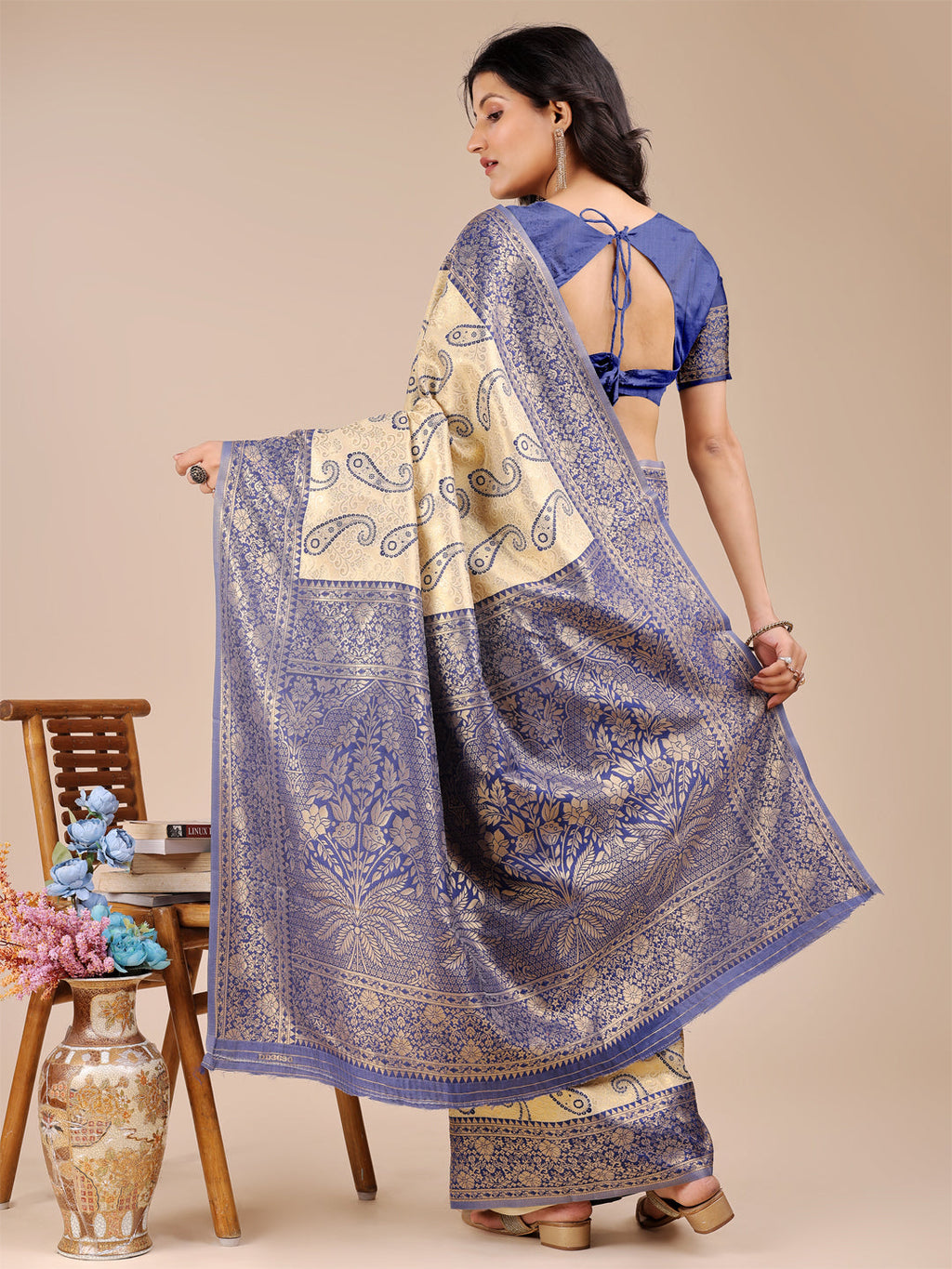 Shree Shyam Fashion Cream & Navy Blue Banarasi silk Woven Zari Work Traditional Tassel Saree