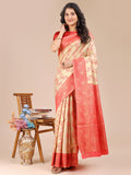 Shree Shyam Fashion Cream & Red Banarasi silk Woven Zari Work Traditional Tassel Saree