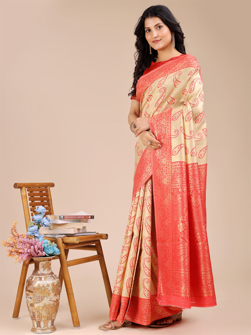 Shree Shyam Fashion Cream & Red Banarasi silk Woven Zari Work Traditional Tassel Saree