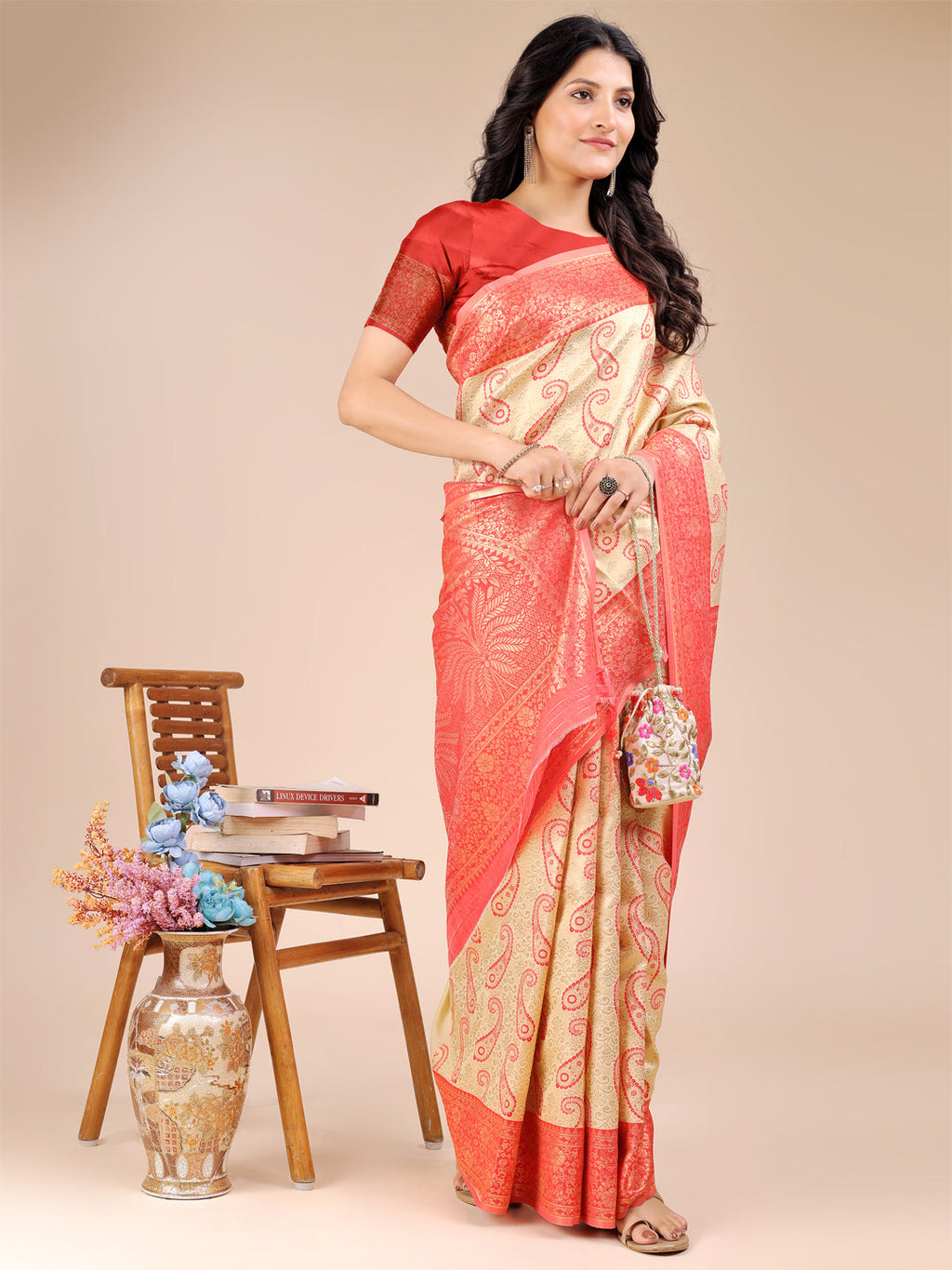 Shree Shyam Fashion Cream & Red Banarasi silk Woven Zari Work Traditional Tassel Saree