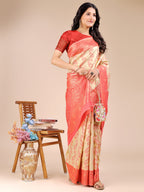 Shree Shyam Fashion Cream & Red Banarasi silk Woven Zari Work Traditional Tassel Saree