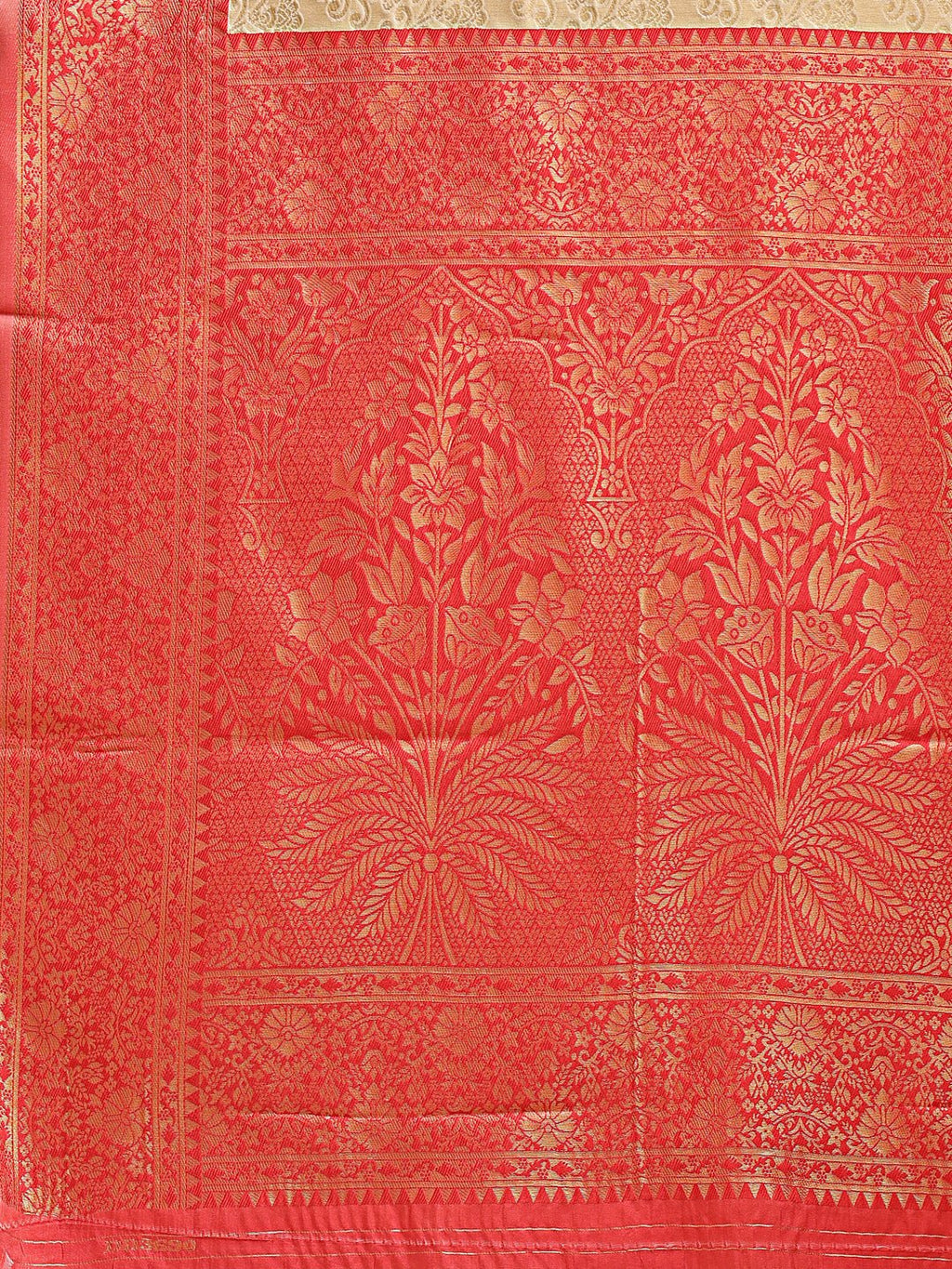 Shree Shyam Fashion Cream & Red Banarasi silk Woven Zari Work Traditional Tassel Saree