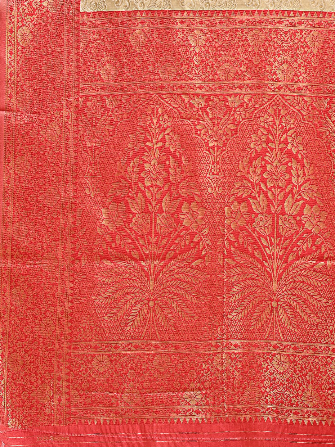 Shree Shyam Fashion Cream & Red Banarasi silk Woven Zari Work Traditional Tassel Saree