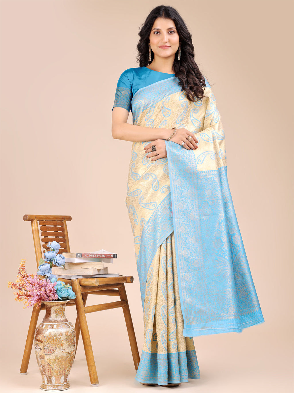 Shree Shyam Fashion Cream & Sky Blue Banarasi silk Woven Zari Work Traditional Tassel Saree