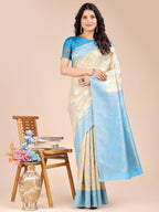 Shree Shyam Fashion Cream & Sky Blue Banarasi silk Woven Zari Work Traditional Tassel Saree