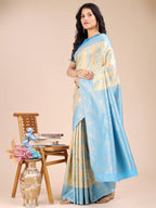 Shree Shyam Fashion Cream & Sky Blue Banarasi silk Woven Zari Work Traditional Tassel Saree