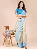 Shree Shyam Fashion Cream & Sky Blue Banarasi silk Woven Zari Work Traditional Tassel Saree