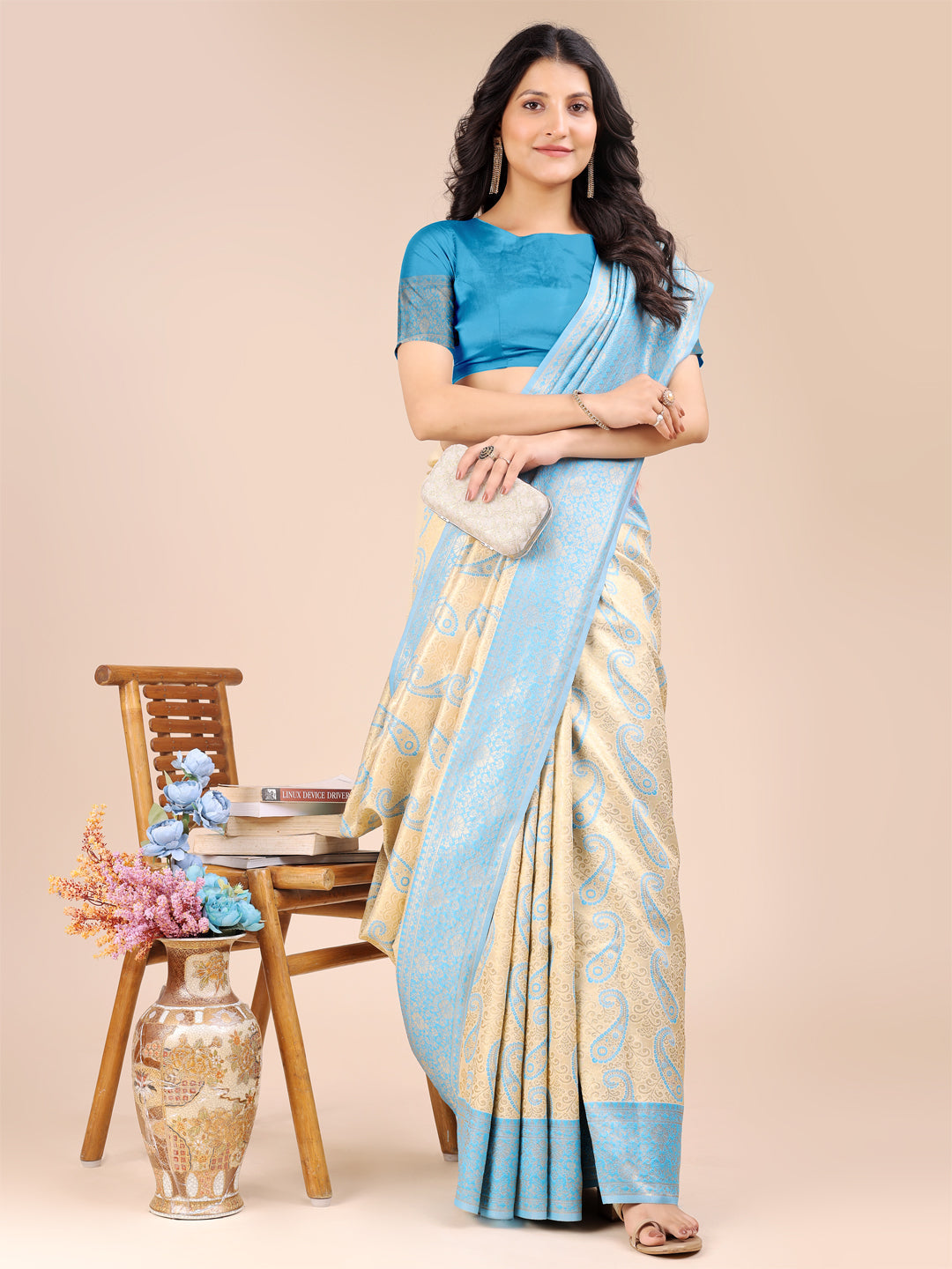 Shree Shyam Fashion Cream & Sky Blue Banarasi silk Woven Zari Work Traditional Tassel Saree