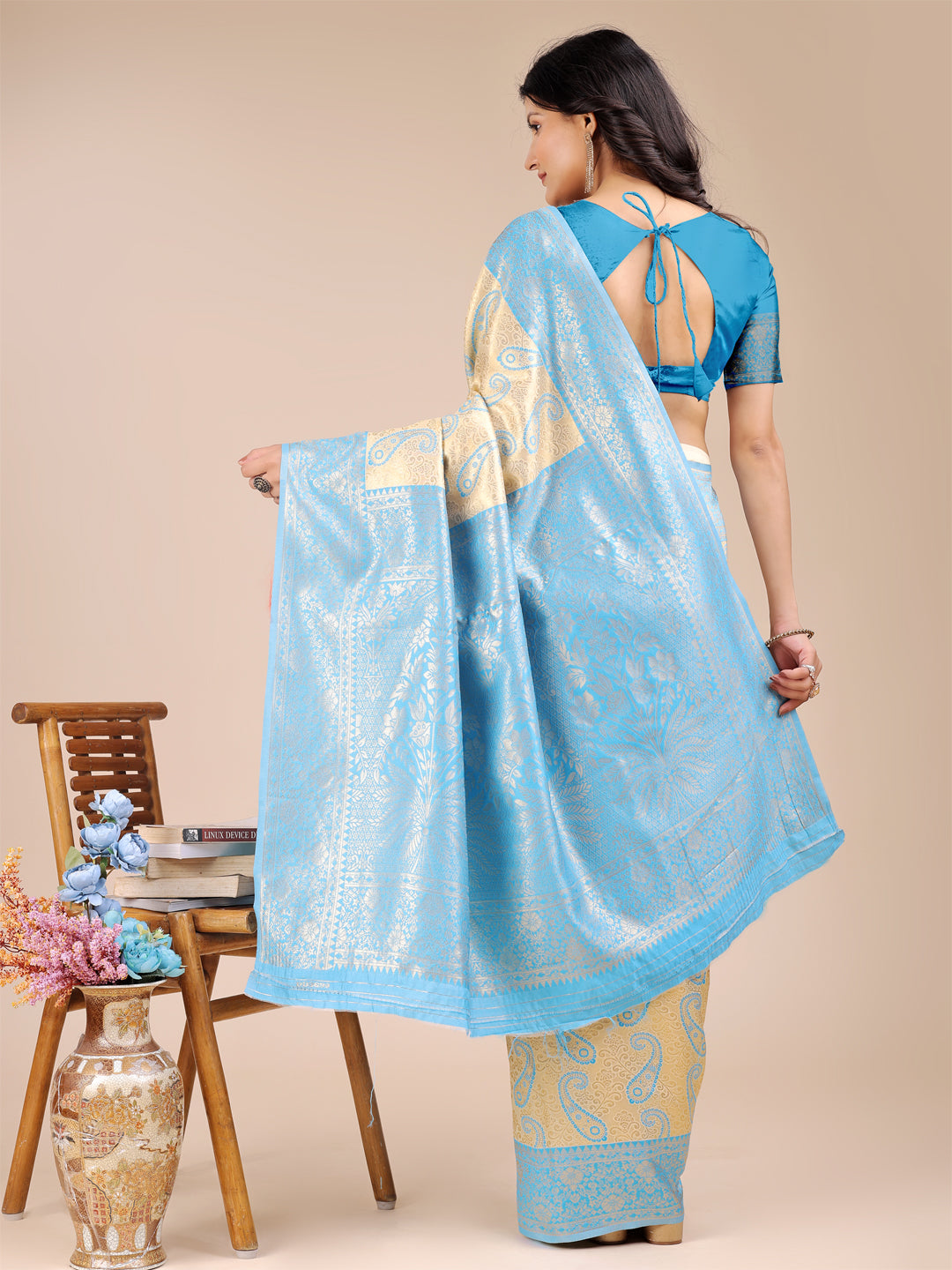 Shree Shyam Fashion Cream & Sky Blue Banarasi silk Woven Zari Work Traditional Tassel Saree