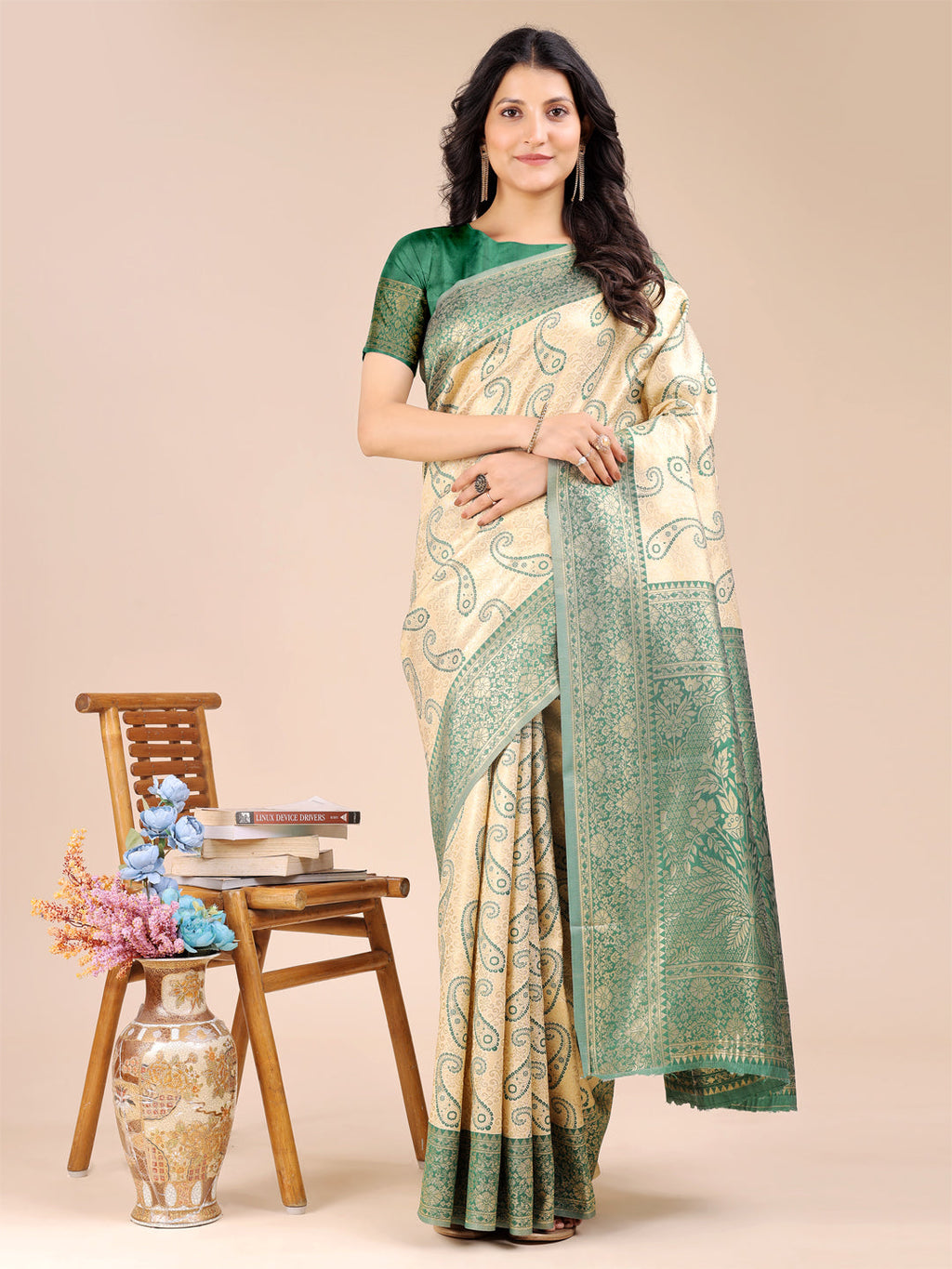 Shree Shyam Fashion Cream & Green Banarasi silk Woven Zari Work Traditional Tassel Saree