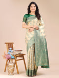 Shree Shyam Fashion Cream & Green Banarasi silk Woven Zari Work Traditional Tassel Saree