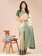 Shree Shyam Fashion Cream & Green Banarasi silk Woven Zari Work Traditional Tassel Saree