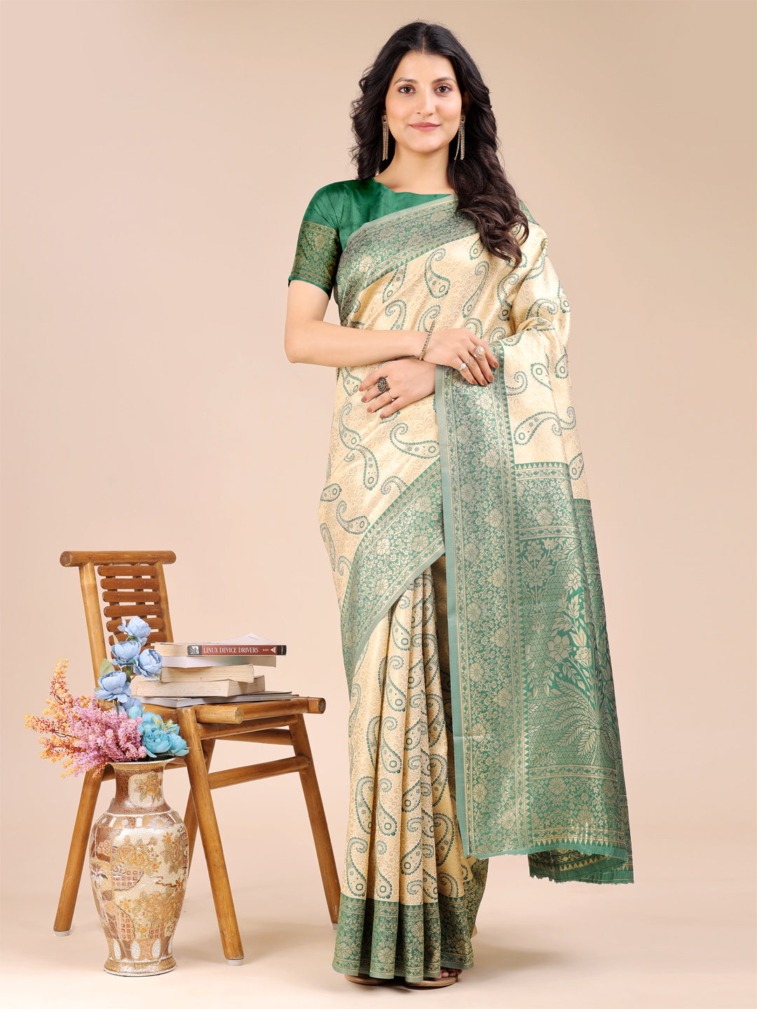 Shree Shyam Fashion Cream & Green Banarasi silk Woven Zari Work Traditional Tassel Saree