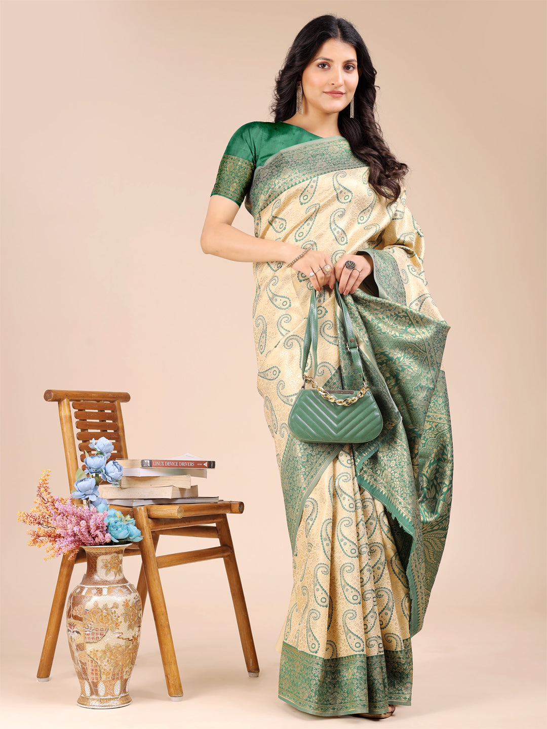 Shree Shyam Fashion Cream & Green Banarasi silk Woven Zari Work Traditional Tassel Saree
