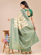 Shree Shyam Fashion Cream & Green Banarasi silk Woven Zari Work Traditional Tassel Saree