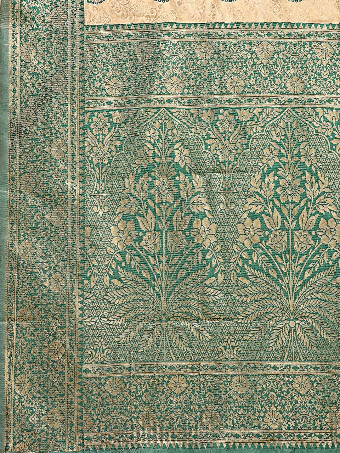 Shree Shyam Fashion Cream & Green Banarasi silk Woven Zari Work Traditional Tassel Saree