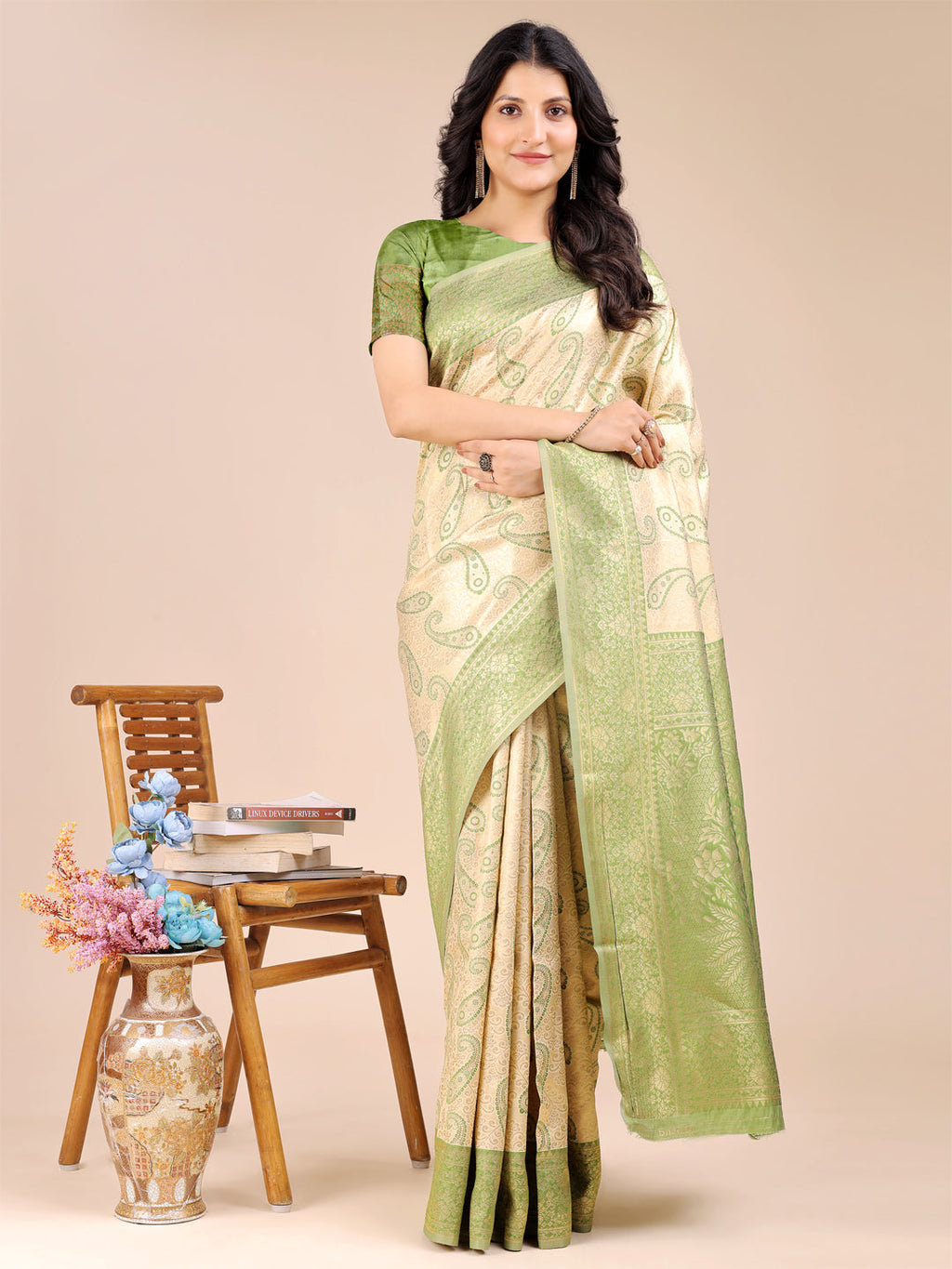 Shree Shyam Fashion Cream & Light Green Banarasi silk Woven Zari Work Traditional Tassel Saree