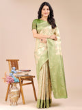 Shree Shyam Fashion Cream & Light Green Banarasi silk Woven Zari Work Traditional Tassel Saree